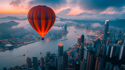 A hot air balloon is flying over a city with a river below