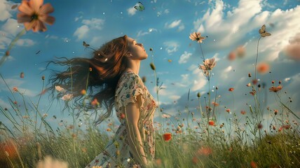 A woman with long red hair is standing in a field of flowers