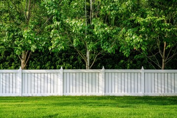 New modern green property with white vinyl fence near trees