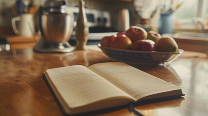 An open notebook on a table with fruit bowl and teapot.