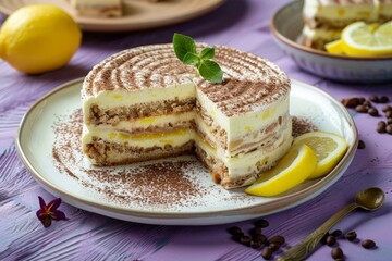 No bake Tiramisu cake with lemon served on clay plate on purple wooden backdrop Italian Valentine s dessert