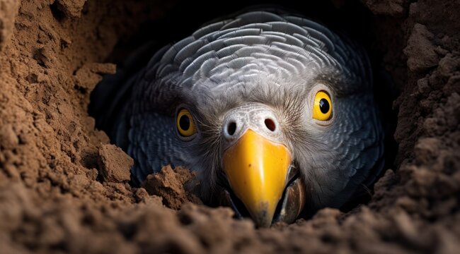 a bird with yellow beak and beak peeking out of dirt