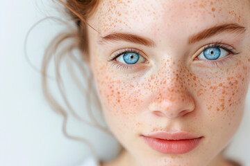 Freckles Woman portrait. Close-up. Beautiful blue eyed girl with freckles is looking at camera.