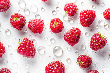 Overhead Shot of Raspberries with visible Water Drops. Close up.