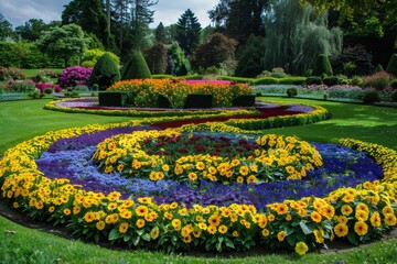 Parks with colourful flowerbeds in summer blooming with yellow flowers and formal garden design