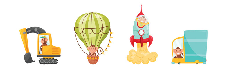 Cute Monkey Driving and Riding Transport Vector Set