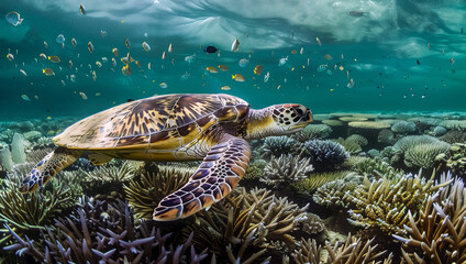 Sea turtle swims over coral reef. Concept: tropical marine animals, Great Barrier Reef, coral reef ecosystem, sea creatures. Generative AI