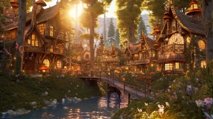 Fantasy houses in magic forest, scenery of fairy tale village