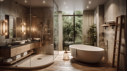 Beautiful Luxurious spa-like bathroom with a glass-enclosed shower