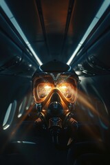Fototapeta premium A man wearing a gas mask and goggles, suitable for post-apocalyptic or industrial themes