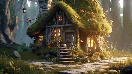 Obraz premium Fantasy hut of tiny forest dweller, macro view of fairy tale home