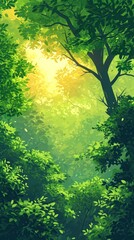 Bright Sunny Green Forest Minimalist Natural Beauty Artwork, Vertical Landscape Background, Minimal Modern Art Backdrop, Contemporary Nature Wallpaper