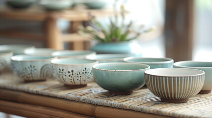 Assorted ceramic bowls on wooden shelf.