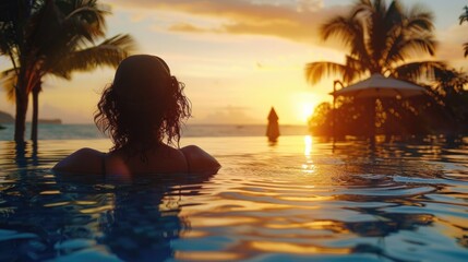 A woman sitting in a pool, enjoying the sunset. Ideal for travel and relaxation concepts