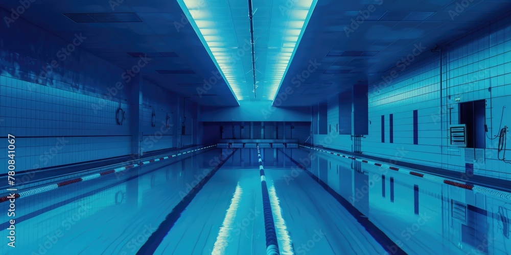 Poster a long swimming pool in a building with blue lights. ideal for architectural and interior design con