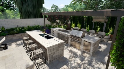 An outdoor entertainment area with a built-in barbecue and a bar setup