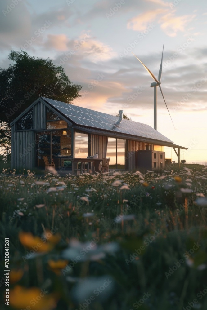 Poster a small house with a wind turbine in the background. suitable for eco-friendly concepts