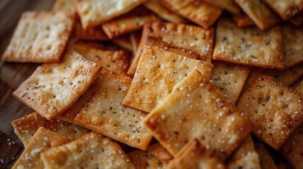 A pile of crackers on a rustic wooden table, perfect for food and snack concepts