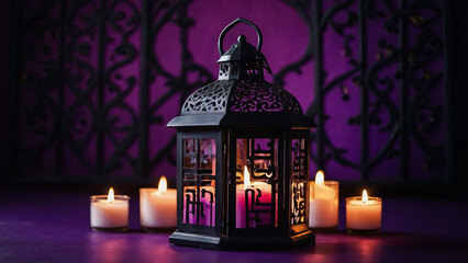 Ramadan Kareem with bright shining lantern and burning candles around it. The Muslim feast of the holy month of Ramadan Kareem on a night background.