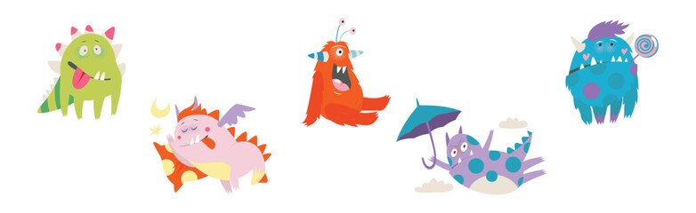Funny Monster Character as Toothy and Hairy Mutant with Friendly Face Vector Set