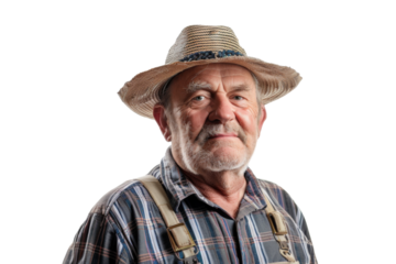 Portrait studio shot of mature senior Farmer man weaning straw hat isolated on transparent png background, person look at camera, agriculture worker.