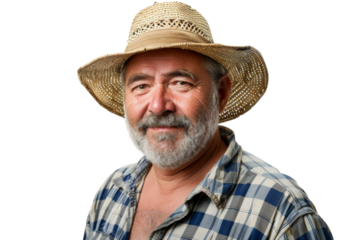 Portrait studio shot of mature senior Farmer man weaning straw hat isolated on transparent png background, person look at camera, agriculture worker.