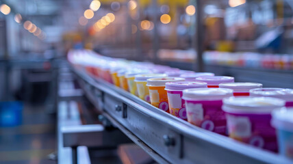 Yogurt containers on conveyor belt in factory.