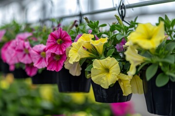 Petunia flowers in plastic pots pink yellow and purple hanging in nursery