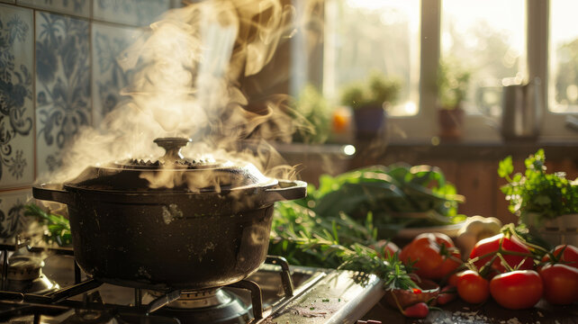 A steaming pot on the stove with vegetables
