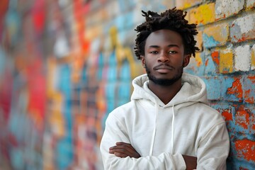 Energetic Black teenager in white hoodie standing against vibrant wall. Concept Fashion...