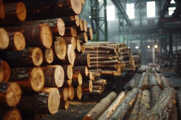 A large pile of logs in a warehouse. Suitable for industrial concepts.