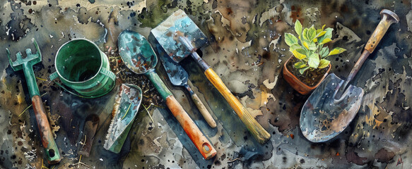 A painting of gardening tools with a potted plant, suitable for gardening enthusiasts or home improvement projects