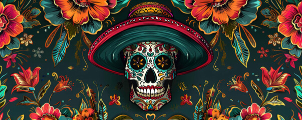 A vibrant Mexican Day of the Dead pattern featuring an intricately detailed sugar skull wearing a sombrero - obrazy, fototapety, plakaty