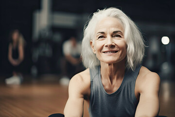 Senior Woman Smiling During Yoga Class - obrazy, fototapety, plakaty