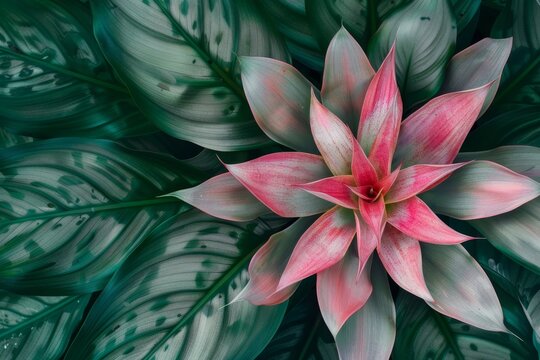 Pink Bromeliad with star shaped flowers on green silver leaves