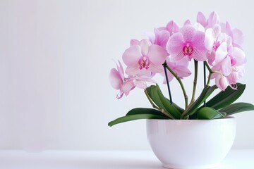 Obraz premium Pink orchid in white pot on white background