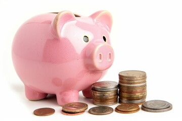 Pink piggy bank with coin stacks on white background