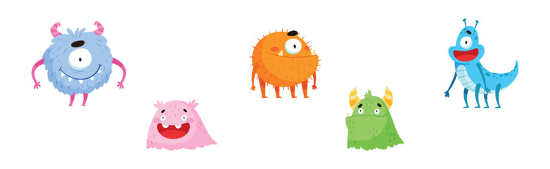 Funny Monster Character as Toothy and Hairy Mutant with Friendly Face Vector Set
