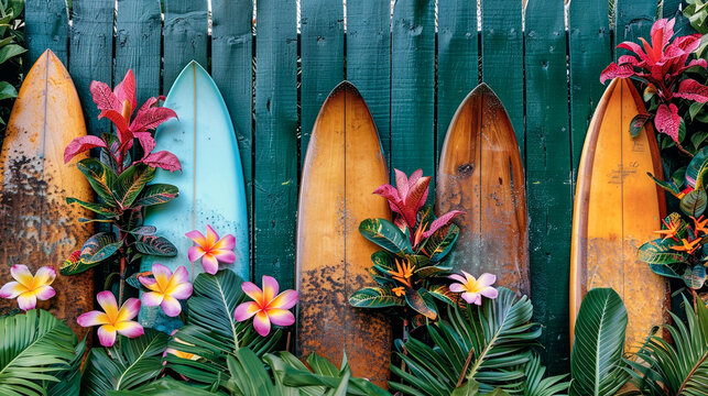 Surfboards adorned with vibrant tropical flowers and palm leaves, leaning against a wooden fence.