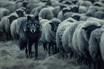 Illustration of a black wolf in sheep's clothing among a flock of sheep, pretending to be a sheep.