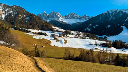 Spring landscape Dolomites Alps Santa Maddalena village Val di Funes valley South Tyrol Italy - 780842419