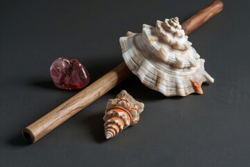 Pooja essentials for Hindu religious festivals shot with copy space featuring conch shell sandalwood stick and stone on black background