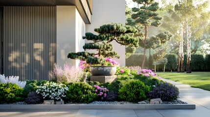 Beautiful modern flowerbed with coniferous bushes and a bonsai tree on the background of the exterior of a house in a European city