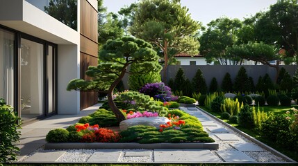 Beautiful modern flowerbed with coniferous bushes and a bonsai tree on the background of the exterior of a house in a European city