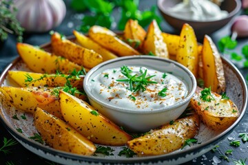 Potato wedges with white dipping sauce on plate rustic style