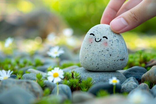 Practicing mental health by balancing body mind soul and spirit with a natural pebble stone and smiling face cartoon in a flower garden