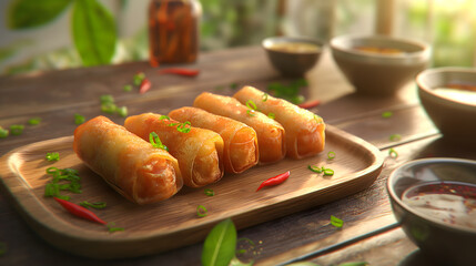 Delicious Spring Rolls on Wooden Plate with Fresh Veggies