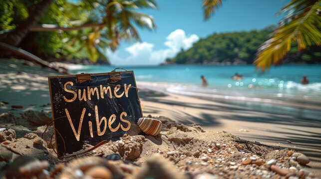 Summer Vibes words on wooden board on the sandy beach, summertime invitation background, summer vacation concept