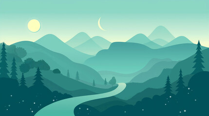 copy space, A flat graphic of an evening mountain landscape, with simple shapes and muted green and...