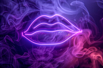 The luminous outline of neon lips, glowing fervently against a backdrop of swirling smoke and dim light.